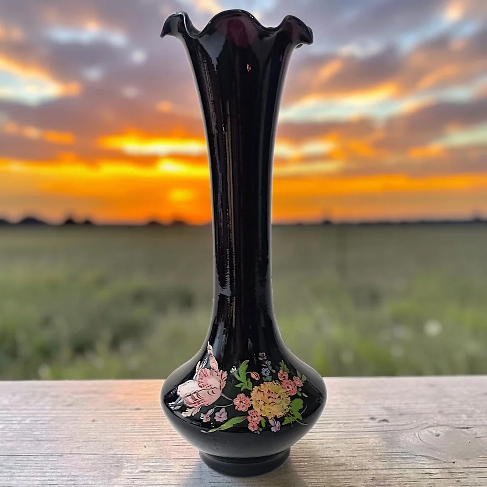 Vintage Black Amethyst Glass Bud Vase Floral Ruffled Fluted Top Edge‎ Victorian